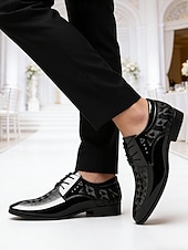 Недорогие Дерби туфли-Мужские черные лакированные туфли из искусственной кожи, глянцевый верх, шнуровка, элегантный стиль для свадеб, приемов и вечерних мероприятий.