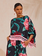  шелковистый атласный топ с рукавами "Изумрудный розовый сад"