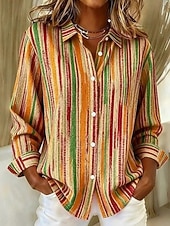 Недорогие Полосатые и геометрические блузки-Жен. Рубашка Блуза Пэчворк Пуговицы С принтом Графика Геометрический принт В клетку Винтаж тропический Повседневные Длинный рукав Рубашечный воротник Обычные топы Повседневные