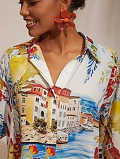 preiswerte Hemden, Tops und Blusen-Sommerbluse aus fließendem Chiffon mit malerischem Blumenmuster im Santorini-Stil