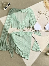 cheap 3 Pieces Bikini Set-Women's Swimwear Bikini Three Piece Cheeky Swimsuit Slim Backless Vacation Beach Wear Solid Color Halter Neck Sleeveless Long Sleeve Bathing Suits