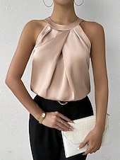 voordelige Gewone Tank-Dames Elegant satijnen top Satijnen overhemd Kampshirt Met ruches Effen Kleur Stijlvol Basic Casual Mouwloos Halternek Normale tops Dagelijks Feestdagen Uitgaan Zwart Wit Champagne Groen Zomer Lente