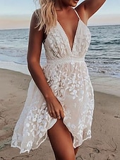 cheap Beach Dresses-Women's Mini Dress White Dress Beach Dress Party Dress Slip Dress Elegant Fashion Classic Daily Outdoor Beach Regular Fit Floral Plain Sleeveless V Neck White Summer Spring