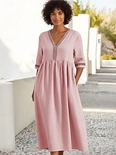cheap Dresses-Women's 100% Cotton  Midi Dress Cotton Linen Dresses Shift Dress Fashion Modern Outdoor Vacation Going out Loose Fit Plain Half Sleeve V Neck Neon Yellow White Pink Green Summer Spring