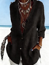 ieftine Cămăși de lux-Pentru femei Cămașă Cămașă casual Bluză Cămașă din bumbac Nasturi Simplu Stilat Clasic Modern Manșon Lung Guler de stand Topuri obișnuite Zilnic Concediu Ieșire Negru Alb Roșu-aprins Albastru Deschis