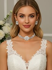 cheap Wedding Accessories-Women's Crystal Choker Necklace and Stud Earrings Set, Sparkling Rhinestone Bridal Jewelry, Elegant Classic Style for Brides, Wedding Guests, Engagements, Receptions and Formal Occasions