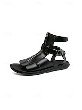 cheap Sandals-Men's Black Faux Leather Open-Toe Sandals, Buckle Strap Design, Comfortable Support, Casual Elegant Style for Beach Wedding Guests