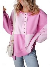 Недорогие Простые худи-Жен. Pullover Толстовки Пэчворк Пуговицы Контрастных цветов Мода Классика Современное Длинный рукав Вырез под горло Обычные топы Для улицы На каждый день Синий Черный Розовый Небесно-голубой Зеленый