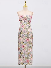 cheap Semi-formal / Cocktail-Sheath Column Ankle Length Wedding Guest Dress Wedding Guest Dresses Elegant Sleeveless Strapless Wedding with Embroidered Flower