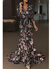  A-linje Gulvlengde Kveldskjoler Formell kjole Elegant Årgang Blomster Halvlange ermer V-hals Bryllup Formell Sateng Blonder med Brodert blomst Broderi Appliqué