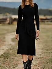 preiswerte Western Boho Kleid-Damen Midikleid Langes Kleid Maxikleid Vintage-Kleid Kleid aus Wildlederimitat Vintage Mode Täglich Outdoor Urlaub Normale Passform Einfach Langarm Rundhalsausschnitt Schwarz Braun Aprikose Sommer