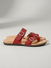 preiswerte Rutschsandalen-Rote Damen-Komfortsandalen mit Doppelschnalle – gepolstertes Fußbett, verstellbare Riemen, stützende flache Schuhe zum Gehen, Reisen, für Outdoor-Aktivitäten und den Alltag