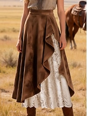 preiswerte Urlaubsröcke-Damen Rock aus Wildlederimitat Spitzenrock Urlaubsrock Elegant Bohemien Vintage Mode Midi Mittlere Taille Röcke Geschichtet Unelastisch Täglich Urlaub Braun Frühling