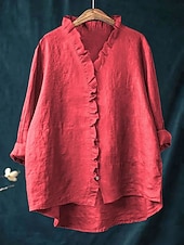 cheap Plain Blouses-Easter Women's Tunic Casual Shirt Button Up Shirt Blouse Ruffle Solid Color Vacation Vintage Daily Long Sleeve V Neck Long Tops Work Beach Holiday Blue White Yellow Red Gray Summer Spring Fall Winter