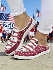 United States 250th Anniversary Women's Red Blue American Flag Print Comfort Mules – Canvas Slip-On Shoes USA Fourth of July Outdoor Events Travel  Daily Wear