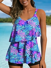 Χαμηλού Κόστους Τανκίνι-Γυναικεία Μαγιό τανκίνι 2 κομμάτι Ψηλή Μέση Μαγιό Έλεγχος κοιλιάς Ψηλή Μέση Λεπτό Εξώπλατο Διακοπές Ρούχα παραλίας Τροπικό Λαιμόκοψη U Αμάνικο Μαγιό