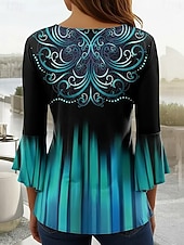 levne květinové tričko-Dámské tričko V-výstřih ombre květinová grafika elegantní 3/4 rukáv standardní topy na každodenní nošení knoflíky tráva zelená černá a šedá modrá fialová zelená léto jaro podzim