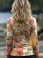 billiga Boho t-shirt-Kvinnors Boho T-shirt Grafisk Vintage Mode Stilig Lång Ärmar Crew Hals Regelbundna T-shirts Daglig Helg Tryck Rosa Lila Ljusblå Sommar Vår
