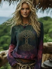 billige Boho t-skjorte-Dame Boho skjorte T skjorte Trykt mønster Grafisk Bohem Årgang Fritid Langermet Crew-hals Vanlige topper Daglig Helg Ferieklær Grønn Sommer Vår Høst