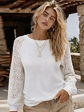 abordables Tops de Encaje-Mujer Blusa Encaje Color sólido Elegante Diario Casual Manga Larga Cuello Barco Tops regulares Diario Blanco Verano Primavera Otoño