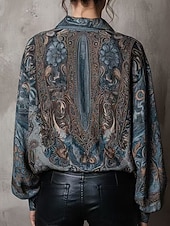abordables Blusas Florales-Mujer Camisa Camisa casual Cachemir Vintage Elegante Clásico Manga Larga Escote en Pico Tops regulares Diario Festivos Noche Azul Piscina Primavera Otoño