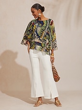 levne košile, topy a halenky-splývavý šifonový top s motýly v džungli