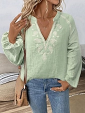billige Enkle bluser-Dame Popover skjorte Uformell skjorte Bluse Broderi Paisly Elegant Bohem Fritid Langermet V-hals Vanlige topper Daglig utendørs Ferie Svart Hvit Navyblå Grønn Sommer Vår
