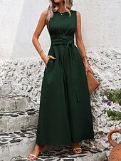 tanie Biała sukienka-Damskie Sukienka maxi Sukienka A line Urlop Codzienny Na zewnątrz Wyjściowe Luźny / a Jednokolorowe Bez rękawów Wycięcie pod szyją Granatowy Czarny Czerwony Zielony Lato Wiosna