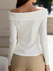 baratos Camiseta lisa-Mulheres Blusa Botões Côr Sólida à moda Casual Manga Longa Ombro a Ombro Tops regulares Diário Preto Branco Primavera Outono