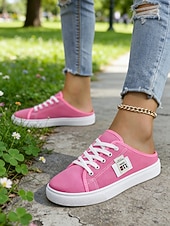 economico Sneakers da donna-Sneakers slip-on da donna in tela verde con lacci – comode scarpe da ginnastica senza schienale, ideali per passeggiate, shopping, corse a scuola e giornate estive informali