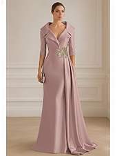 abordables Vestidos de gala-Vestido de Noche A-Line Azul Negro Elegante Vestido Formal de Boda Largo de Piso de Manga Media con Solapa de Saten Elástico y Pliegues