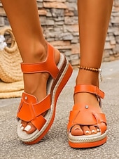abordables Mujeres-Sandalias de cuña naranjas para mujer: zapatos de vacaciones cómodos y elegantes para la playa, viajes y salidas de verano.