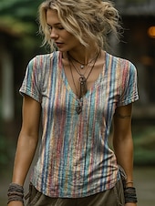 economico T-shirt a righe e geometrico-Per donna Maglietta Stampato Grafico Geometrico Astratto Vintage Elegante Classico Manica Corta Scollo a V Top Regolari Quotidiano Blu Estate Primavera