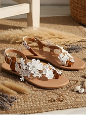 tanie Panna młoda-damskie białe koronkowe sandały ślubne z kwiatowym wzorem – ręcznie robione płaskie sandały ślubne na plażę i wesela w stylu boho