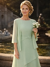 economico Set di abiti per la mamma-Tubino Colonna Lunghezza Tè Abito da invitata a nozze Abito da cerimonia per signora Manica 3/4 Collo gioiello Elegante Ospite di nozze Chiffon Con Stola con Arricciatura