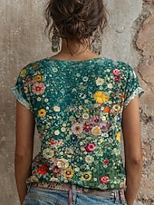 tanie koszulka w kwiaty-Damskie Podkoszulek Nadruk Kwiaty Graficzny Zabytkowe Elegancki Klasyczny Krótki rękaw W serek Zwykłe topy Codzienny jesion Czarny Jasnozielony Czerwony Zielony Lato Wiosna