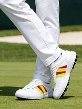 cheap Men's Golf Shoes-Men's White Golf Sneakers, Athletic Lace-Up Design with Color Stripe Detail, Shock-Absorbing Sole, Modern Sport Style for Golf Courses