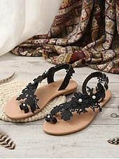 tanie Panna młoda-damskie białe koronkowe sandały ślubne z kwiatowym wzorem – ręcznie robione płaskie sandały ślubne na plażę i wesela w stylu boho