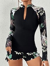 levne Tankiny-Dámské Plavky Tankini 2 ks Kraťasy Plavky Zaštíhlující Vysoký pas Štíhlý prázdniny Oblečení na pláž Květinový Stojáček Dlouhý rukáv Plavky