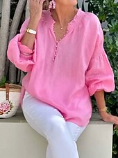 baratos Camisas Falsas Essenciais-Blusa de Linho Feminina Como Algodão Falso Botões Cor Sólida Casual de Mangas Longas Decote V Tops Longos Diários Azul Preto Branco Rosa Primavera Outono