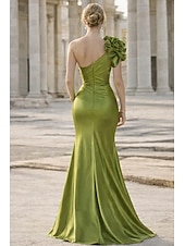 economico Abiti da Sera Sirena-Sirena Tromba Lunghezza al pavimento Abito da Sera Elegante Senza Maniche Monospalla Matrimonio Formale Raso Elasticizzato con Fiori 3D