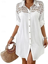 economico Abiti da spiaggia-Per donna Mini Abito Abito Bianco Abito da Spiaggia Abito nero Abito Camicia Elegante Moda Classico Quotidiano All'aperto Spiaggia Vestibilità comoda Semplice Manica Lunga Colletto a Camicia Nero