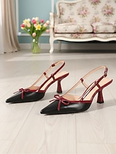 preiswerte Retro-Stil der 1950er Jahre-Rote und schwarze Vintage-Slingback-Pumps im Stil der 1950er-Jahre mit Schleife – elegante Retro-Pumps mit spitzer Zehenpartie und mittelhohem Absatz für romantische Dates, Valentinstag, Hochzeiten