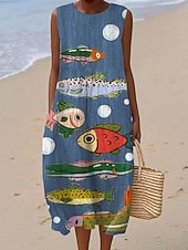 Χαμηλού Κόστους Τέχνη και Σχεδίαση Φορέματα-Μίντι Φόρεμα Γυναικών Λινό Σακίδιο Φόρεμα Αλλαγής Γραμμή A Διακοπές Καθημερινό Μπόχο Παραλία Βραδινό Χαλαρή Φόρμα Γραφικό Ζώο Αμάνικο Λαιμόκοψη Μπλε Μαύρο Γαλάζιο Σκούρο Μπλε Καλοκαίρι Άνοιξη