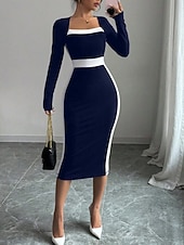 billige midi sort kjole-Dame Midikjole Bodycon kjole Semiformelle kjoler Kontor Normal Fargeblokk Langermet Firkantet hals Svart Navyblå Vår Høst