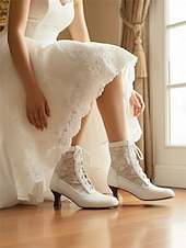abordables novia-Botines blancos con cordones vintage de los años 30 para mujer con inserciones de encaje floral: elegantes tacones de estilo retro para eventos formales, bodas y fiestas.