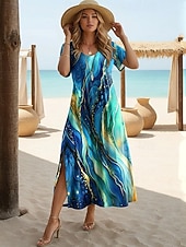 Недорогие Искусство и Дизайн Платья-Жен. Платье средней длины Сарафан Платье A-силуэта Отпуск На каждый день Пляжный стиль На выход Стандартный Омбре Графика Геометрический принт С короткими рукавами "Круглый вырез ""под горло"""