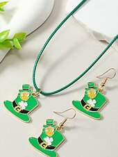 olcso kiegészítők-Női ötvözet anyagból készült Szent Patrik-napi nyaklánc és fülbevaló szett lóhere, kalap és lóhere mintákkal, tökéletes Szent Patrik-napra, mindennapi viseletre és ünnepi alkalmakra.