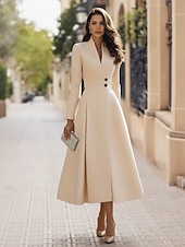 preiswerte Smokingkleider-Damen Smokingkleid A-Linie Formell Stretch-Crêpe Elegant Vintage Langarm Tee-Länge Midi-Länge Königin Anne Doppelreihig