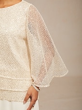 cheap Lace Tops-Women's Blouse Lace Tops Sequins Illusion Solid Color Elegant 3/4 Length Sleeve Bell Sleeve Crew Neck Daily Wedding Guest Vacation Wear Beige Summer Spring Fall